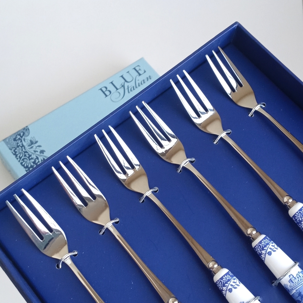 NIB Spode Blue Italian Silver & Floral Landscape Pastry Serving Forks Set Of 6 - Picture 2 of 13